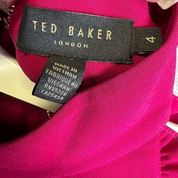 Ted Baker Women’s Size 4 Torriya Dress Hot Pink Fuschia Ruffle A Line High Neck - Picture 5 of 9